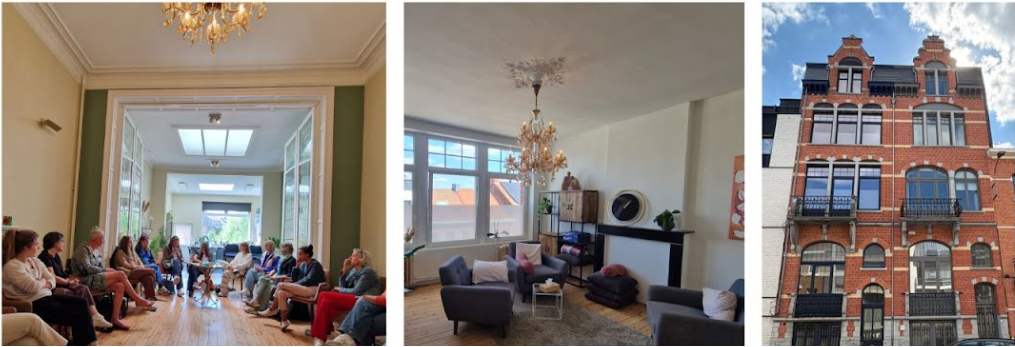 Drie foto’s: vergaderzaal met publiek, stijlvolle woonkamer met kroonluchters en bakstenen gevelgebouw onder blauwe lucht.